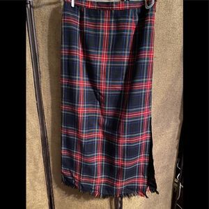 Vintage Tartan Plaid Fringed Long Pencil Skirt With Slit size 12
